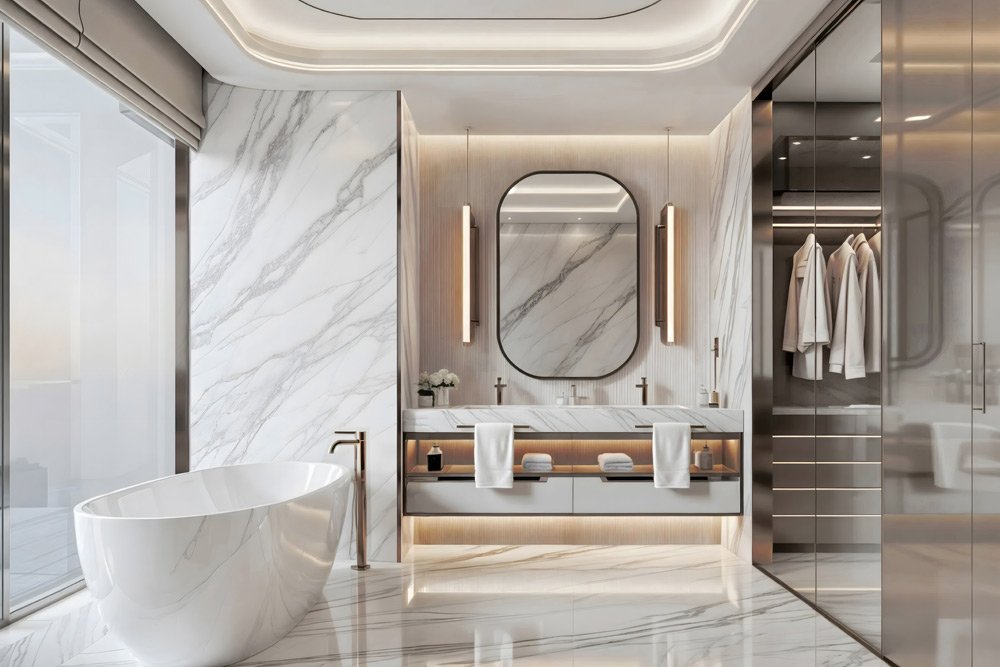 Trump towers - Marble-clad master bath with skyline view
